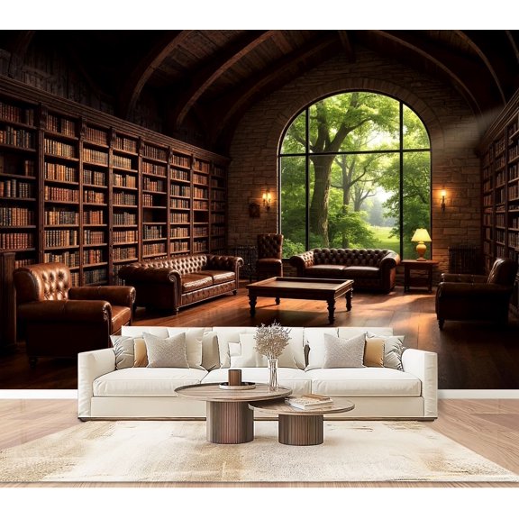 Wallpaper Cozy Library Leather Armchairs Panoramic Window Overlooking Peel and Stick Wall Murals 100"H x 144"W Removable PVC Wall Paper Self-Adhesive Wall Paintings Art Decor for Bedroom Living Room