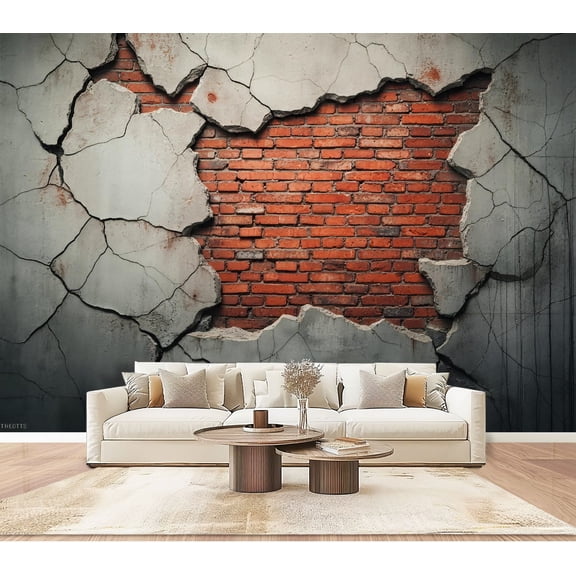 Wallpaper Cracked Concrete Wall Revealing Red Brick Interior Peel and Stick Wall Murals 100"H x 144"W Removable PVC Wall Paper Self-Adhesive Wall Paintings Art Decor for Bedroom Living Room