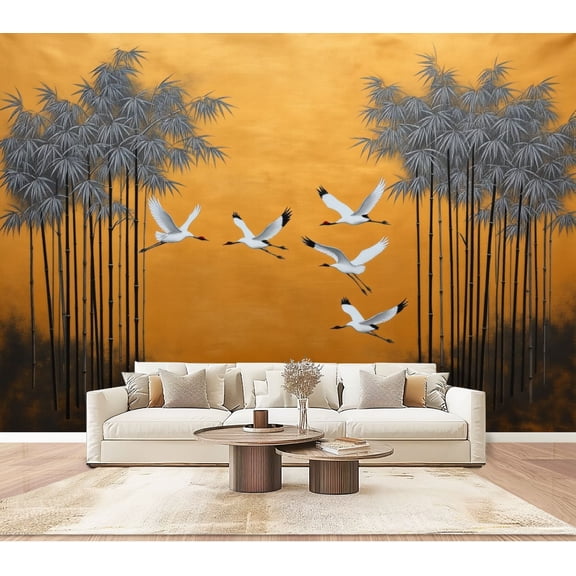 Wallpaper Cranes Between Bamboo Grove Golden Asian Ink Style Peel and Stick Wall Murals 100"H x 144"W Removable PVC Wall Paper Self-Adhesive Wall Paintings Art Decor for Bedroom Living Room