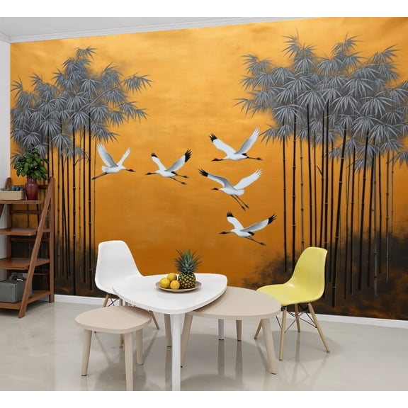Wallpaper Cranes Between Bamboo Grove Golden Asian Ink Style Peel and Stick Wall Murals 69"H x 96"W Removable PVC Wall Paper Self-Adhesive Wall Paintings Art Decor for Bedroom Living Room