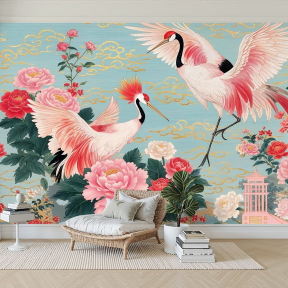 Wallpaper Cranes Blossoming Peony Flowers Eastern Architecture Soft Pastel Peel and Stick Wall Murals 69"H x 96"W Removable PVC Wall Paper Self-Adhesive Wall Paintings Art for Bedroom Living Room