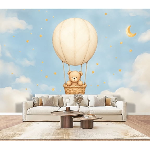 Wallpaper Cute Teddy Bear Hot Air Balloon Pastel Clouds Stars Peel and Stick Wall Murals 100"H x 144"W Removable PVC Wall Paper Self-Adhesive Wall Paintings Art Decor for Bedroom Living Room
