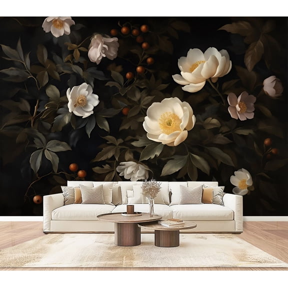 Wallpaper Dark Floral Arrangement White Orange Flowers Moody Botanical Peel and Stick Wall Murals 100"H x 144"W Removable PVC Wall Paper Self-Adhesive Wall Paintings Art Decor for Bedroom Living Room