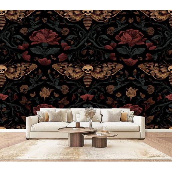 Wallpaper Dark Gothic Moth Skull Red Flowers Vintage Botanical Style Peel and Stick Wall Murals 100"H x 144"W Removable PVC Wall Paper Self-Adhesive Wall Paintings Art Decor for Bedroom Living Room