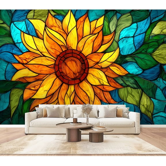 Wallpaper Decorative Sunflower Glass Panel Stained Glass Peel and Stick Wall Murals 100"H x 144"W Removable PVC Wall Paper Self-Adhesive Wall Paintings Art Decor for Bedroom Living Room