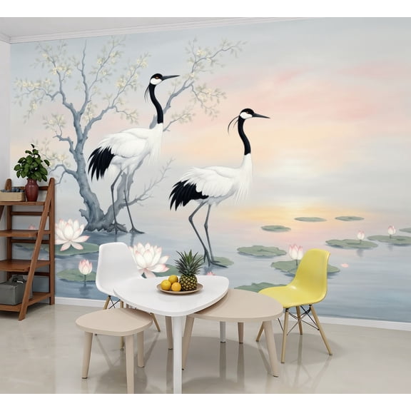 Wallpaper Elegant Crane Pair Branch Lotus Flowers Soft Pastel Peel and Stick Wall Murals 69"H x 96"W Removable PVC Wall Paper Self-Adhesive Wall Paintings Art Decor for Bedroom Living Room