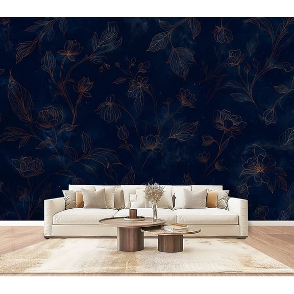 Wallpaper Elegant Floral Dark Blue Gold Peonies Leaves Peel and Stick Wall Murals 100"H x 144"W Removable PVC Wall Paper Self-Adhesive Wall Paintings Art Decor for Bedroom Living Room