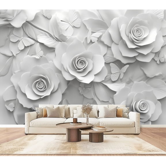 Wallpaper Elegant White Floral Design Butterflies Soft Petals Peel and Stick Wall Murals 100"H x 144"W Removable PVC Wall Paper Self-Adhesive Wall Paintings Art Decor for Bedroom Living Room