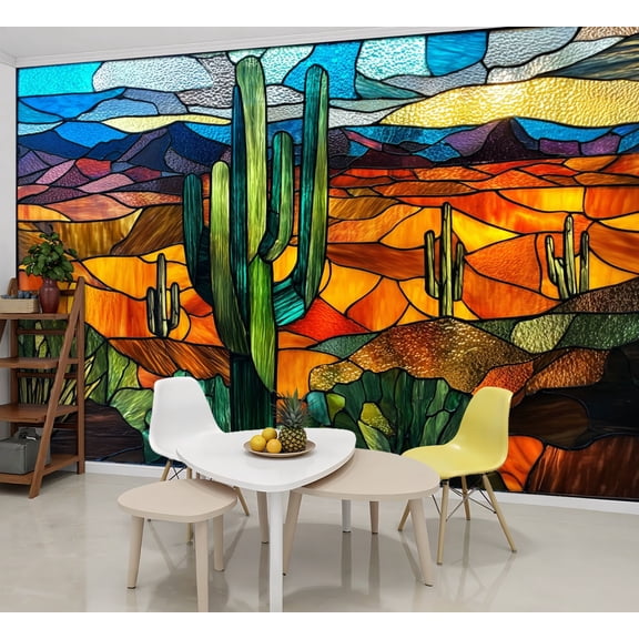 Wallpaper Emerald Cactus Vibrant Sky Stained Glass Western Scene Peel and Stick Wall Murals 69"H x 96"W Removable PVC Wall Paper Self-Adhesive Wall Paintings Art Decor for Bedroom Living Room