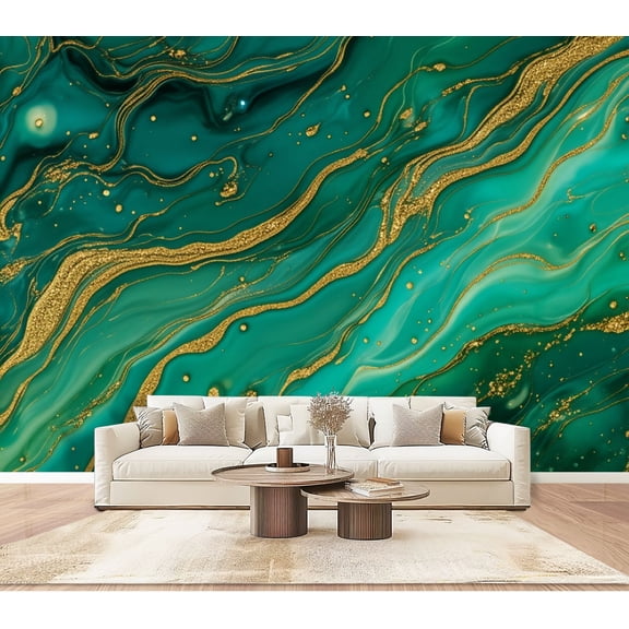 Wallpaper Emerald Green Gold Marble Abstract Fluid Art Flowing Peel and Stick Wall Murals 100"H x 144"W Removable PVC Wall Paper Self-Adhesive Wall Paintings Art Decor for Bedroom Living Room