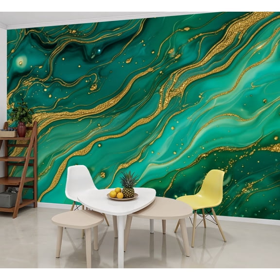 Wallpaper Emerald Green Gold Marble Abstract Fluid Art Flowing Peel and Stick Wall Murals 69"H x 96"W Removable PVC Wall Paper Self-Adhesive Wall Paintings Art Decor for Bedroom Living Room