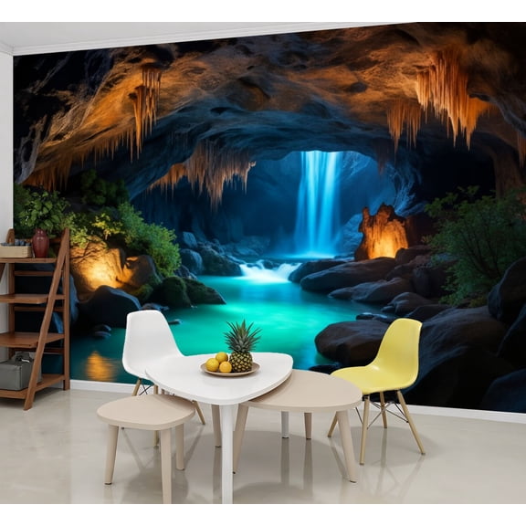 Wallpaper Enchanting Cave Waterfall Illuminated Rocks Peel and Stick Wall Murals 69"H x 96"W Removable PVC Wall Paper Self-Adhesive Wall Paintings Art Decor for Bedroom Living Room