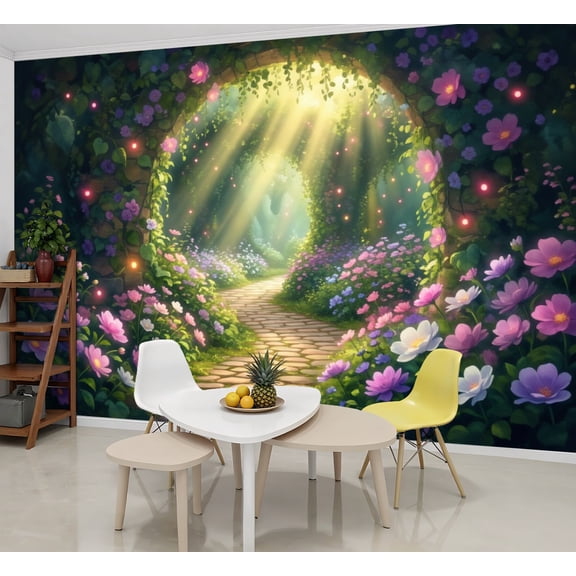 Wallpaper Enchanting Floral Pathway Sunlight Blooming Flowers Peel and Stick Wall Murals 69"H x 96"W Removable PVC Wall Paper Self-Adhesive Wall Paintings Art Decor for Bedroom Living Room