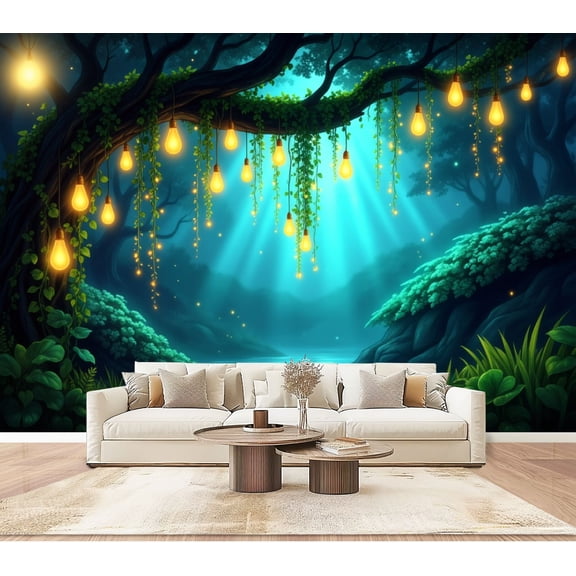 Wallpaper Enchanting Forest Glowing Lights Serene Pond Peel and Stick Wall Murals 100"H x 144"W Removable PVC Wall Paper Self-Adhesive Wall Paintings Art Decor for Bedroom Living Room
