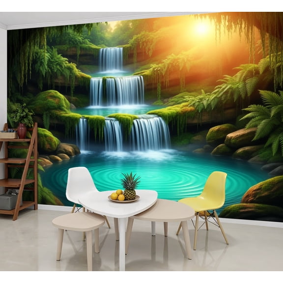 Wallpaper Enchanting Waterfall Greenery Sunlit Waters Peel and Stick Wall Murals 69"H x 96"W Removable PVC Wall Paper Self-Adhesive Wall Paintings Art Decor for Bedroom Living Room