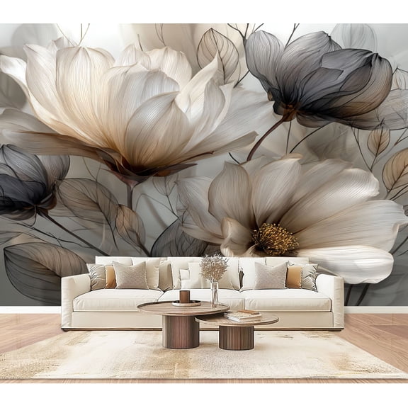 Wallpaper Ethereal Black White Floral Soft Grey Vintage Peel and Stick Wall Murals 100"H x 144"W Removable PVC Wall Paper Self-Adhesive Wall Paintings Art Decor for Bedroom Living Room