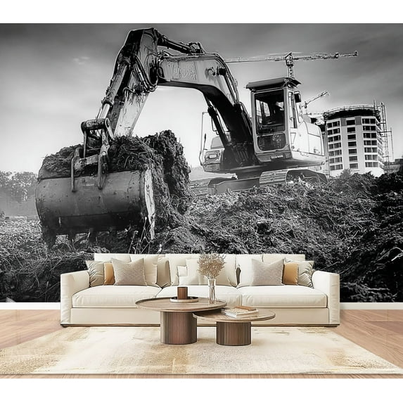 Wallpaper Excavator construction site Peel and Stick Wall Murals 100"H x 144"W Removable PVC Wall Paper Self-Adhesive Wall Paintings Art Decor for Bedroom Living Room