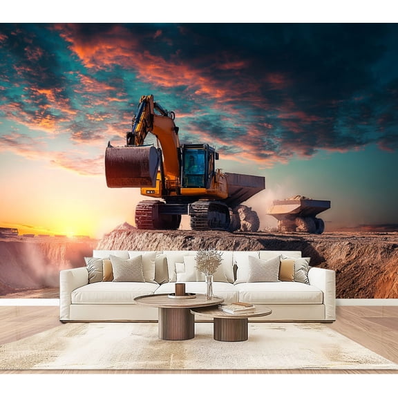 Wallpaper Excavator construction site against setting sun Peel and Stick Wall Murals 100"H x 144"W Removable PVC Wall Paper Self-Adhesive Wall Paintings Art Decor for Bedroom Living Room
