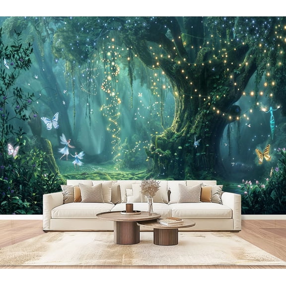 Wallpaper Fairies Butterflies Nightshade Flowers Forest Art Magical Peel and Stick Wall Murals 100"H x 144"W Removable PVC Wall Paper Self-Adhesive Wall Paintings Art Decor for Bedroom Living Room