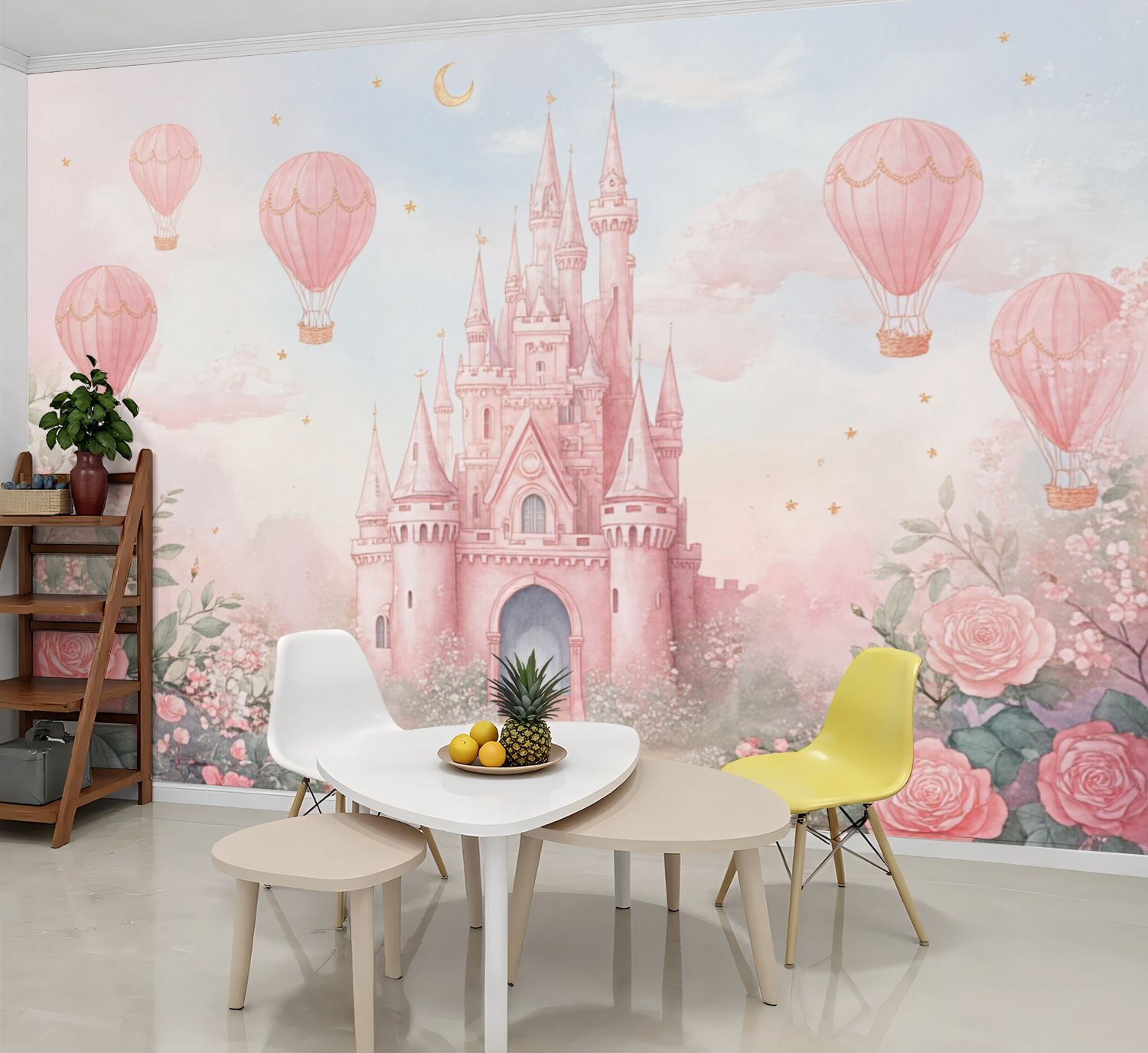Wallpaper Fairy Tale Castle Pink Hot Air Balloons Roses Pastel Peel and ...