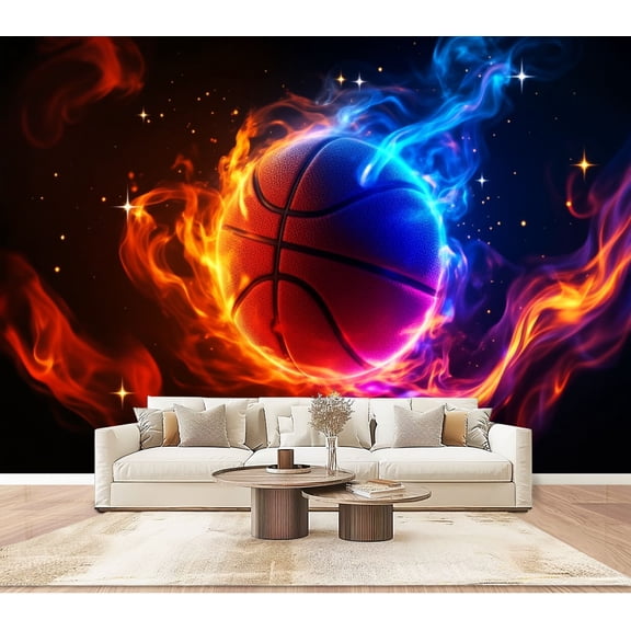 Wallpaper Fiery Basketball Neon Flames Energy Burst Black Peel and Stick Wall Murals 100"H x 144"W Removable PVC Wall Paper Self-Adhesive Wall Paintings Art Decor for Bedroom Living Room