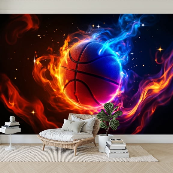 Wallpaper Fiery Basketball Neon Flames Energy Burst Black Peel and Stick Wall Murals 69"H x 96"W Removable PVC Wall Paper Self-Adhesive Wall Paintings Art Decor for Bedroom Living Room