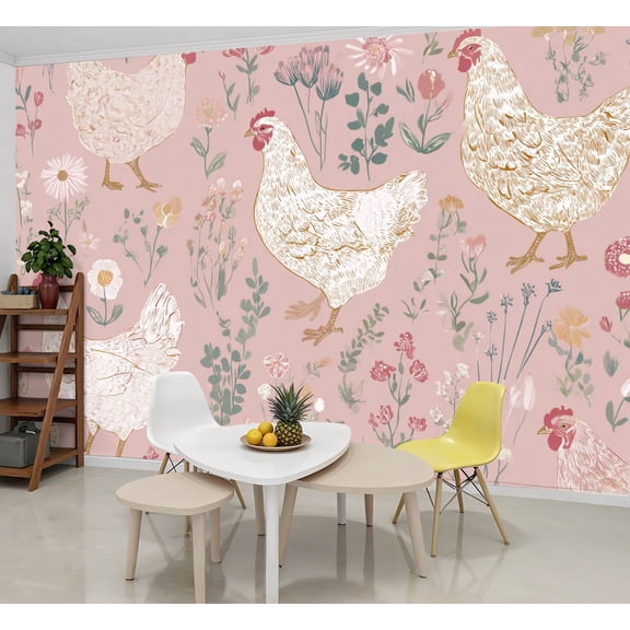 Wallpaper Floral Colorful Chickens Soft Pink Peel and Stick Wall Murals 69"H x 96"W Removable PVC Wall Paper Self-Adhesive Wall Paintings Art Decor for Bedroom Living Room
