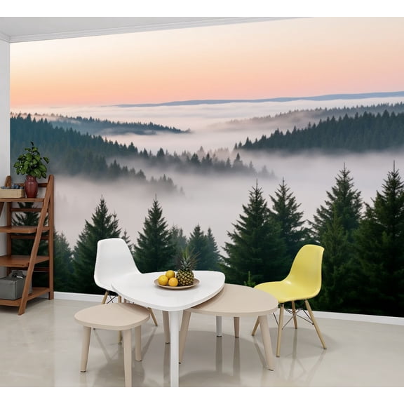Wallpaper Foggy Pine Forest Landscape Sunrise Misty Valleys Peel and Stick Wall Murals 69"H x 96"W Removable PVC Wall Paper Self-Adhesive Wall Paintings Art Decor for Bedroom Living Room
