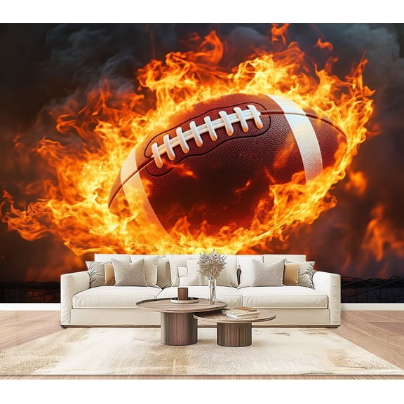 Wallpaper Football Sports 3D Rugby American Football Burning Flames Peel and Stick Wall Murals 100"H x 144"W Removable PVC Wall Paper Self-Adhesive Wall Paintings Art Decor for Bedroom Living Room