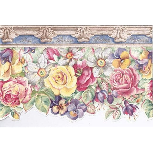Wallpaper For Less 5803407 Floral Wallpaper Border, Cream Stone Blue