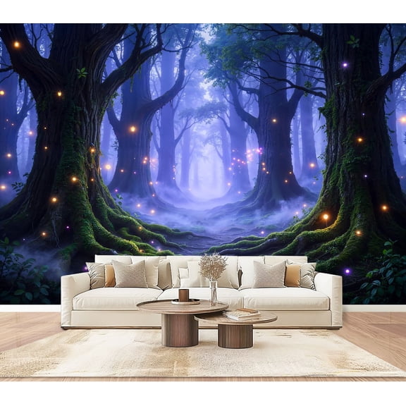Wallpaper Forest Glowing Fireflies Misty Moss Covered Trees Fantasy Night Peel and Stick Wall Murals 100"H x 144"W Removable PVC Wall Paper Self-Adhesive Wall Paintings Art for Bedroom Living Room