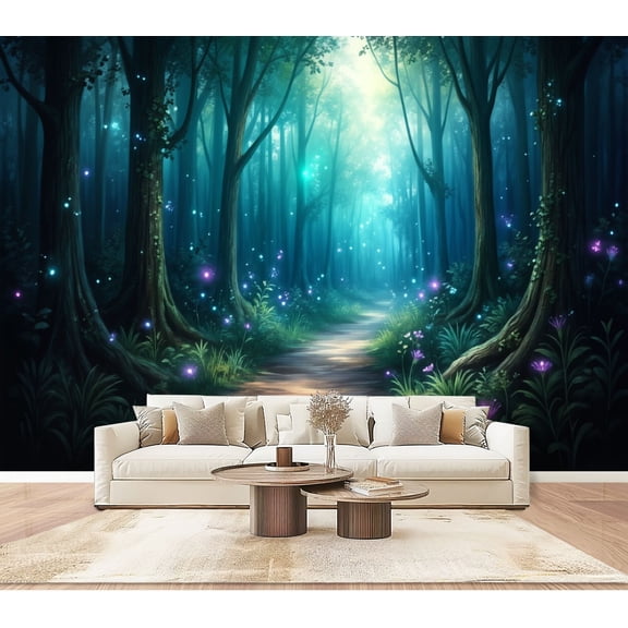 Wallpaper Forest Glowing Lights Misty Blue Green Fantasy Peel and Stick Wall Murals 100"H x 144"W Removable PVC Wall Paper Self-Adhesive Wall Paintings Art Decor for Bedroom Living Room