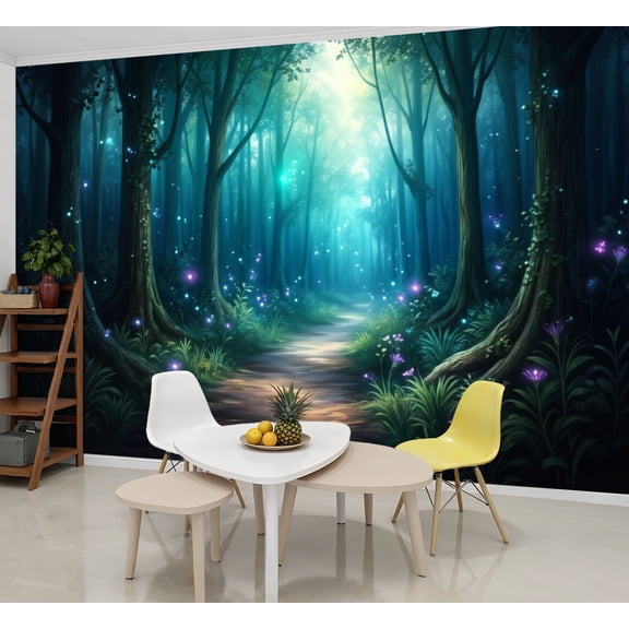 Wallpaper Forest Glowing Lights Misty Blue Green Fantasy Peel and Stick Wall Murals 69"H x 96"W Removable PVC Wall Paper Self-Adhesive Wall Paintings Art Decor for Bedroom Living Room