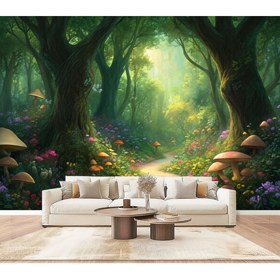 Wallpaper Forest Green Trees Colorful Mushrooms Flowers Fantasy Woodland Peel and Stick Wall Murals 100"H x 144"W Removable PVC Wall Paper Self-Adhesive Wall Paintings Art for Bedroom Living Room