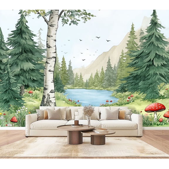 Wallpaper Forest Lake Landscape Birch Tree Pine Forest Mountains Peel and Stick Wall Murals 100"H x 144"W Removable PVC Wall Paper Self-Adhesive Wall Paintings Art Decor for Bedroom Living Room
