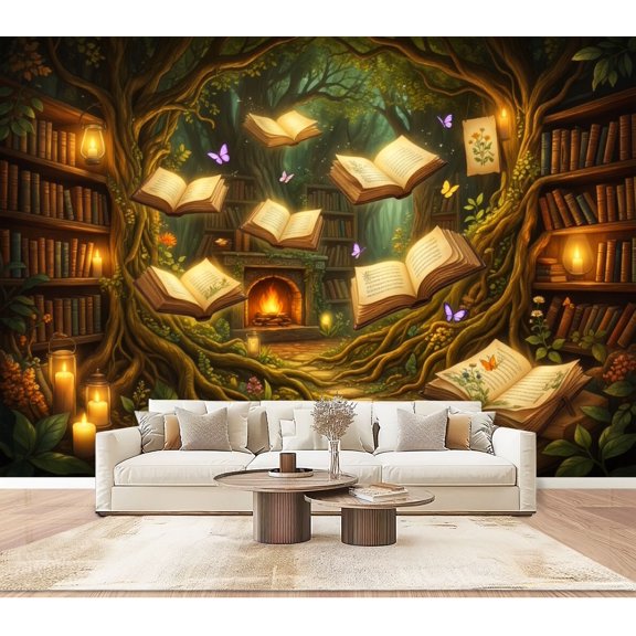 Wallpaper Forest Library Floating Open Book Glowing Lanterns Fantasy Peel and Stick Wall Murals 100"H x 144"W Removable PVC Wall Paper Self-Adhesive Wall Paintings Art Decor for Bedroom Living Room