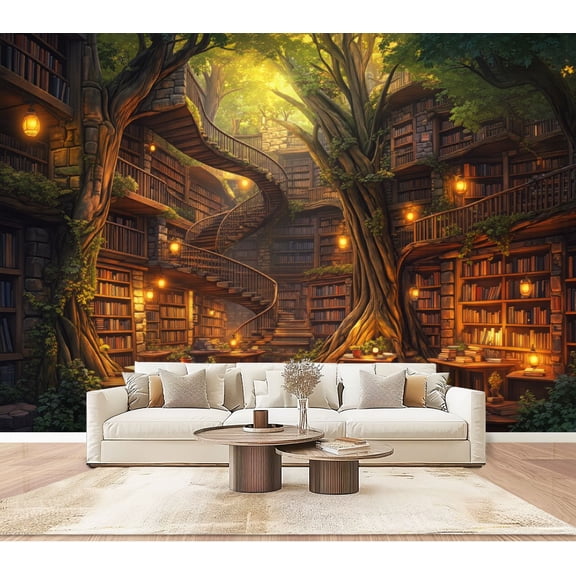 Wallpaper Forest Library Tree Bookshelf Vintage Fantasy Fairy Peel and Stick Wall Murals 100"H x 144"W Removable PVC Wall Paper Self-Adhesive Wall Paintings Art Decor for Book Lovers Bookworm