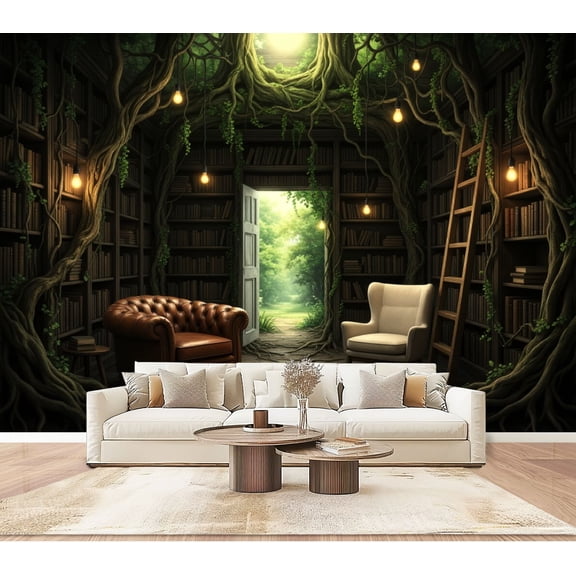 Wallpaper Forest Library Tree Roots Bookshelves Warm Lighting Bookworm Peel and Stick Wall Murals 100"H x 144"W Removable PVC Wall Paper Self-Adhesive Wall Paintings Art Decor for Bedroom Living Room