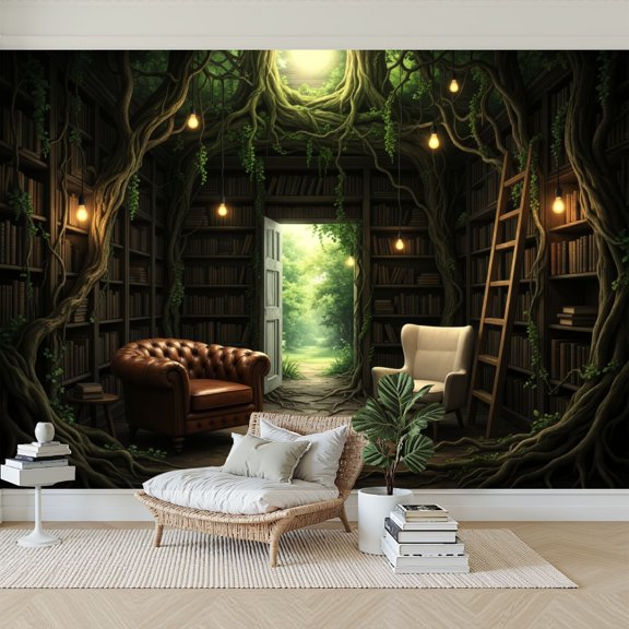 Wallpaper Forest Library Tree Roots Bookshelves Warm Lighting Bookworm Peel and Stick Wall Murals 69"H x 96"W Removable PVC Wall Paper Self-Adhesive Wall Paintings Art Decor for Bedroom Living Room