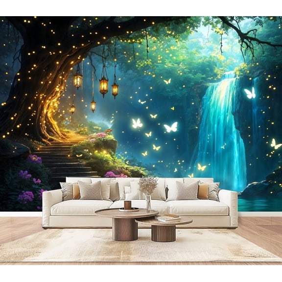 Wallpaper Forest Nature Fairy Magical Landscape Large Fantasy Butterfly Peel and Stick Wall Murals 100"H x 144"W Removable PVC Wall Paper Self-Adhesive Wall Paintings Art for Bedroom Living Room