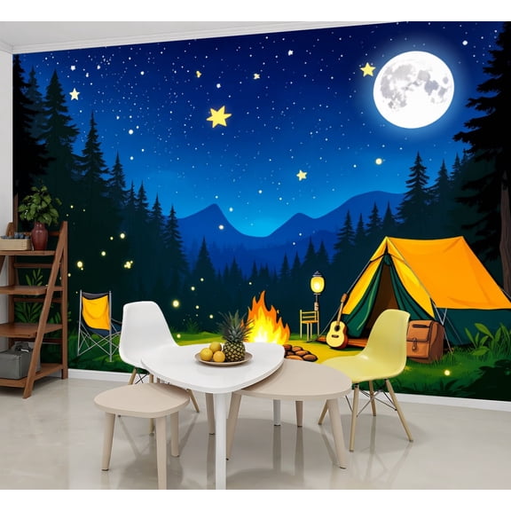 Wallpaper Forest Night Scene Campfire Camper Birthday Party Peel and Stick Wall Murals 69"H x 96"W Removable PVC Wall Paper Self-Adhesive Wall Paintings Art Decor for Bedroom Living Room