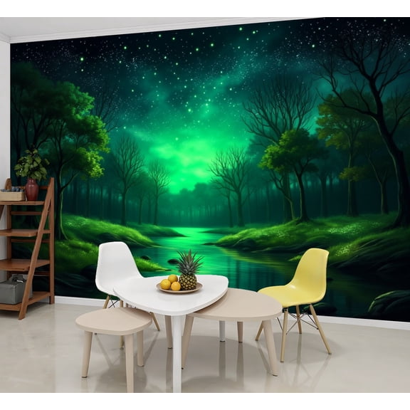 Wallpaper Forest Night Scene Glowing Green Sky Reflective Stream Peel and Stick Wall Murals 69"H x 96"W Removable PVC Wall Paper Self-Adhesive Wall Paintings Art Decor for Bedroom Living Room