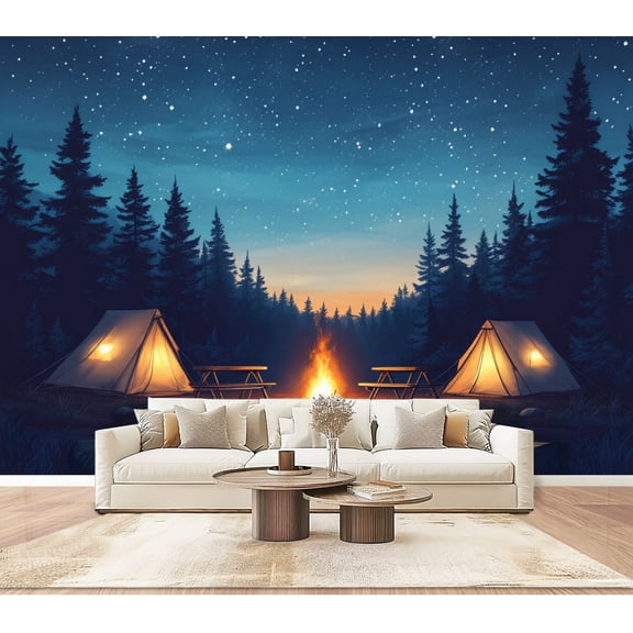 Wallpaper Forest Scene Camping Happy Camping Tent Campfire Tents Peel and Stick Wall Murals 100"H x 144"W Removable PVC Wall Paper Self-Adhesive Wall Paintings Art Decor for Bedroom Living Room