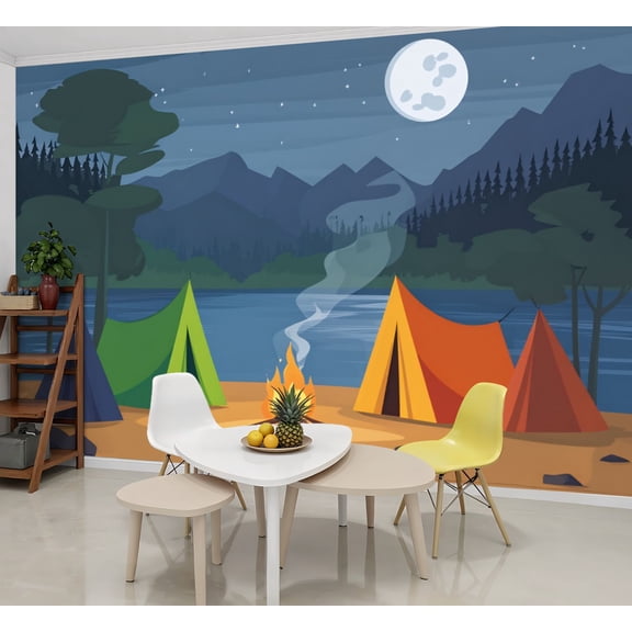 Wallpaper Forest Scene Camping Summer Camp Happy Camper Tent Peel and Stick Wall Murals 69"H x 96"W Removable PVC Wall Paper Self-Adhesive Wall Paintings Art Decor for Bedroom Living Room
