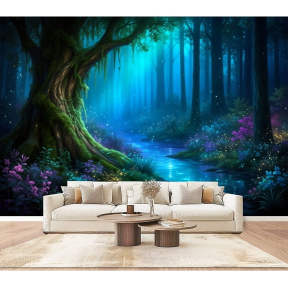 Wallpaper Forest Stream Glowing Wildflowers Mystical Woodland Light Peel and Stick Wall Murals 100"H x 144"W Removable PVC Wall Paper Self-Adhesive Wall Paintings Art Decor for Bedroom Living Room
