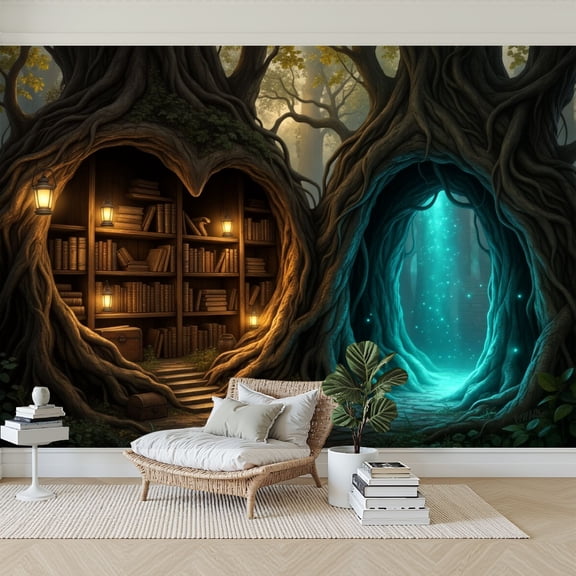 Wallpaper Forest Tree Library Magical Glowing Librarian Reader Peel and Stick Wall Murals 69"H x 96"W Removable PVC Wall Paper Self-Adhesive Wall Paintings Art Decor for Bedroom Living Room