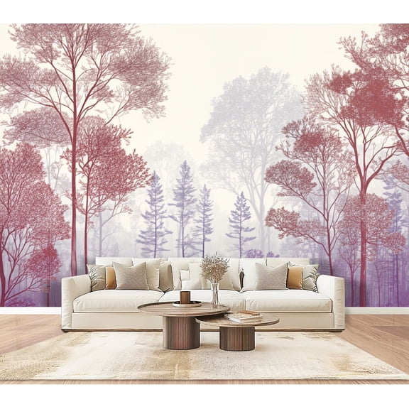 Wallpaper Forest Trees Misty Pastel Pink Purple Woodland Peel and Stick Wall Murals 100"H x 144"W Removable PVC Wall Paper Self-Adhesive Wall Paintings Art Decor for Bedroom Living Room