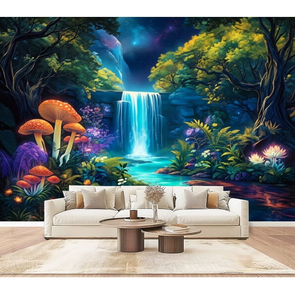 Wallpaper Forest Waterfall Mushroom Flower Colorful Floral Plants Fantasy Peel and Stick Wall Murals 100"H x 144"W Removable PVC Wall Paper Self-Adhesive Wall Paintings Art for Bedroom Living Room
