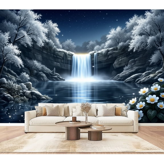 Wallpaper Frozen Waterfall Sparkling River Snowy Trees Night Peel and Stick Wall Murals 100"H x 144"W Removable PVC Wall Paper Self-Adhesive Wall Paintings Art Decor for Bedroom Living Room
