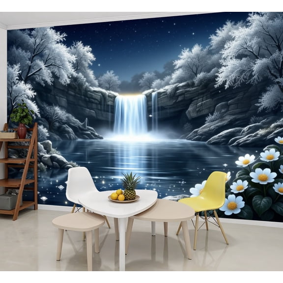 Wallpaper Frozen Waterfall Sparkling River Snowy Trees Night Peel and Stick Wall Murals 69"H x 96"W Removable PVC Wall Paper Self-Adhesive Wall Paintings Art Decor for Bedroom Living Room